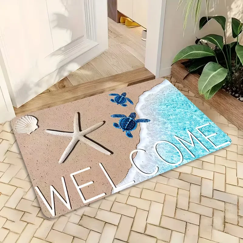 Coastal Beach Turtle Starfish Shell Welcome Doormat Anti Slip  Floor Mat Tropical Ocean Style Front Door Mat