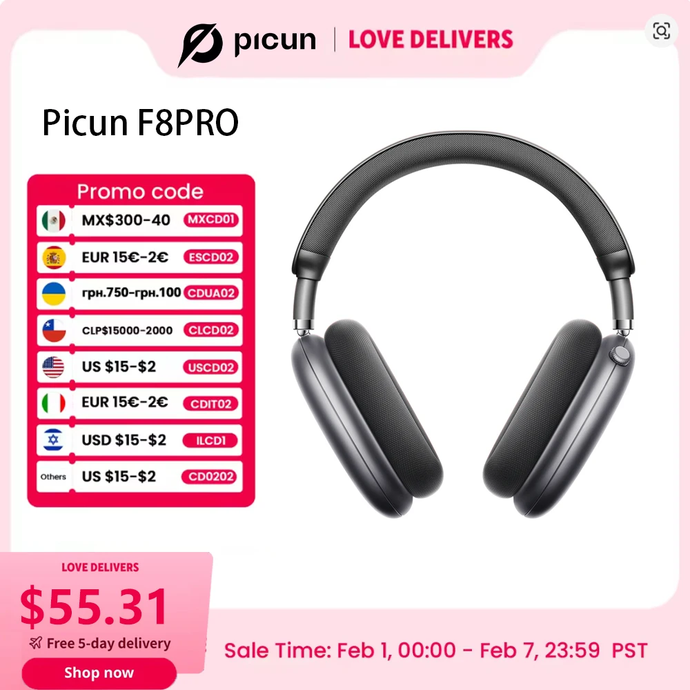 Picun F8 Pro ANC Wireless Headphones Head Tracking 3D Spatial Audio -52dB ANC HIFI Bluetooth Headset ENC HD Mic Low-Latency APP