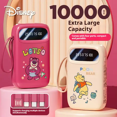 【Certificación 3c】 Banco de energía Disney Mickey Strawberry Bear, viene genuino con cuatro cables, gran capacidad, carga rápida de 10000 mah