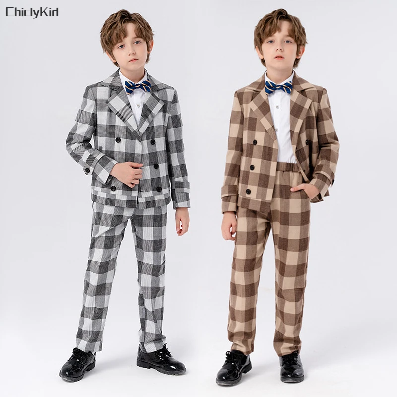 

Boys High Quality Plaid Formal Dress Clothes Sets Kids Tuxedos British Suits Child Party Gentlemen Outfits Toddler Blazer Pants