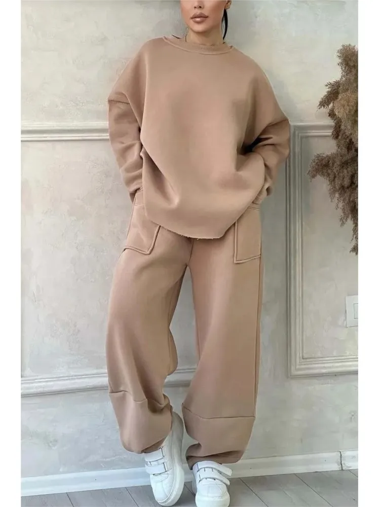 Autumn Winter Casual Loose Sweatshirt 2-piece Sets New Women\'s Round Neck Long-sleeved Pocket trousers Sports Two-piece Suit
