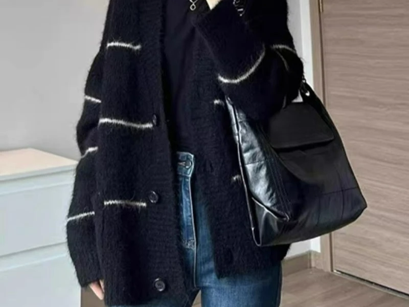 2025 레트로 패션 스트라이프 니트 가디건 스웨터 재킷 여성용 루즈핏 슬림핏 탑