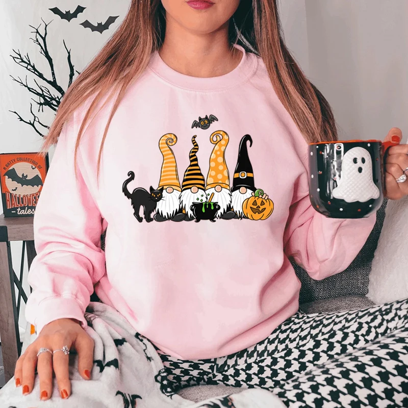 Women Fashion Creative Halloween Gnomes Pumpkin Print Pullovers Ladies Plus Size Long Sleeve Pure Color Hoodless Sweatshirt Tops