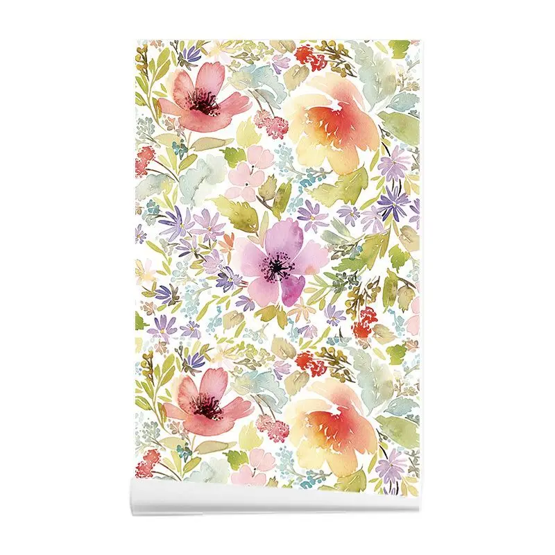 Watercolor Floral Wallpaper Prepasted Removable Flower Leaf Print Wall Mural for Home Decor Contact Paper Furniture Cabinet