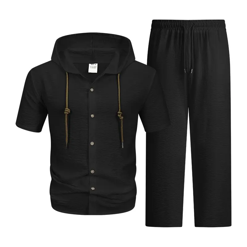 New Summer Fashion Trendy Solid Color Comfortable Breathable Beach Hooded Shirt Set Men's Casual Loose Sports Two-Piece Set view 3