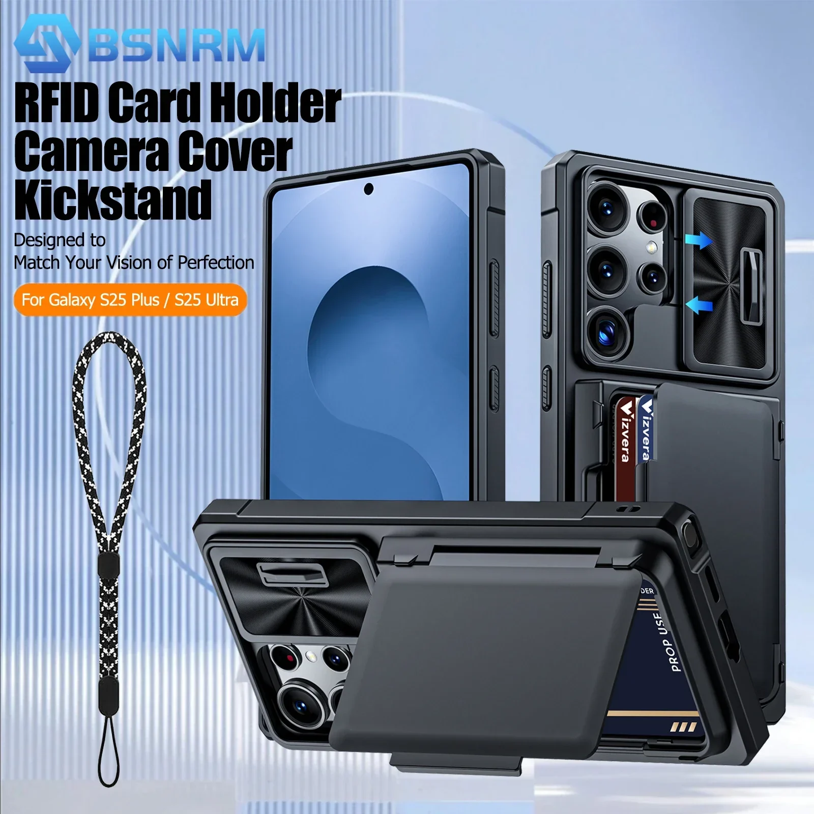 

Для Galaxy S25 Ultra Защитный чехол для телефона, кошелек RFID-карты, чехол для камеры, прочный противоударный силиконовый чехол на весь корпус, черный