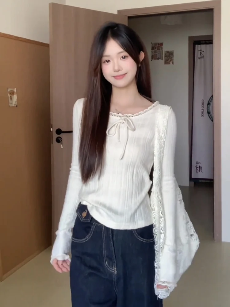 Pure Desire Lace Splice Long Sve T-irt Women's Base irt Slim Fit Sexy Girl High Sense Inner Wear Top  Knot