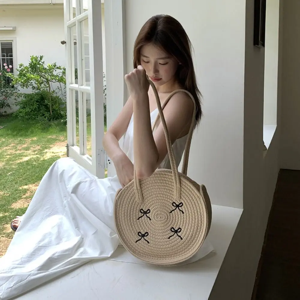 

Повседневная богемная круглая соломенная сумка с хлопковой вышивкой и бантом, сумка через плечо, вышитая сумка-тоут, плетеная пляжная сумка, летняя