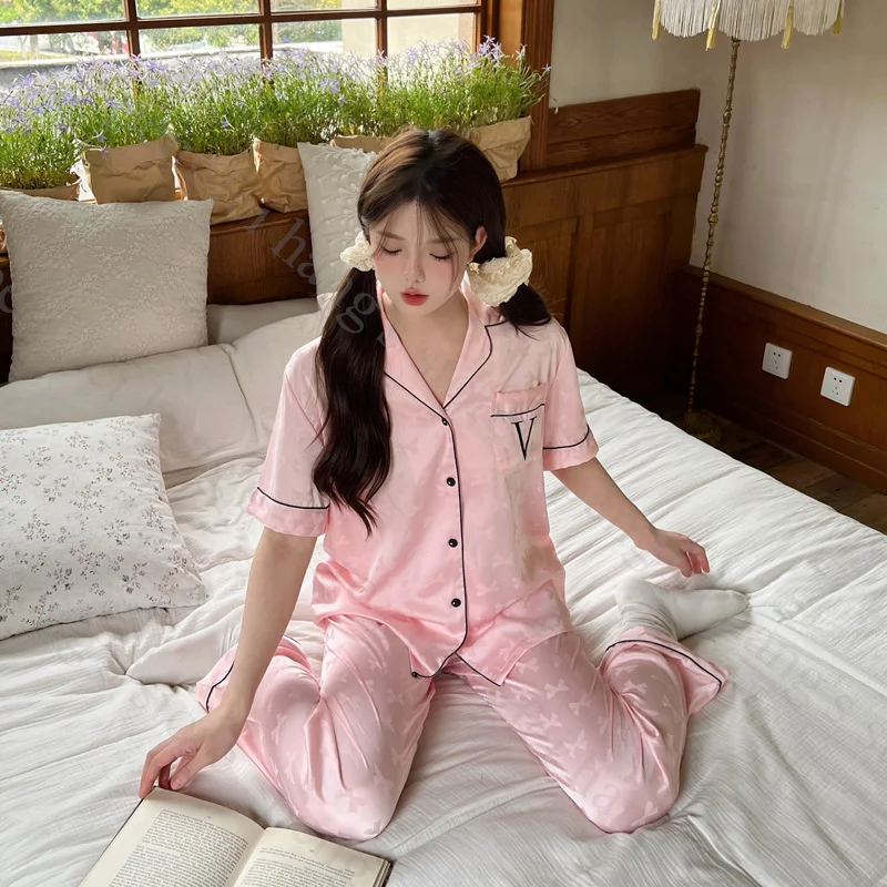 Ice Silk Pajamas Women\'s Short Sleeve Long Pants Bow Jacquard Homewear Set Lady Satin Pijamas De Mujer Sexy Sleepwear Nightwear