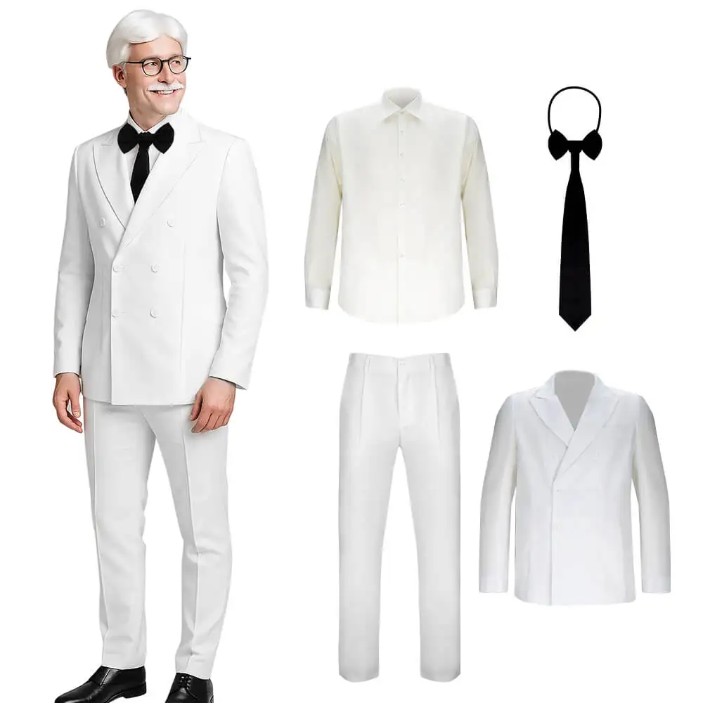 

Colonel Sanders White Suit Cosplay Costume Coat Shirt Pants Halloween Suit Carnival Party Performance Outfits