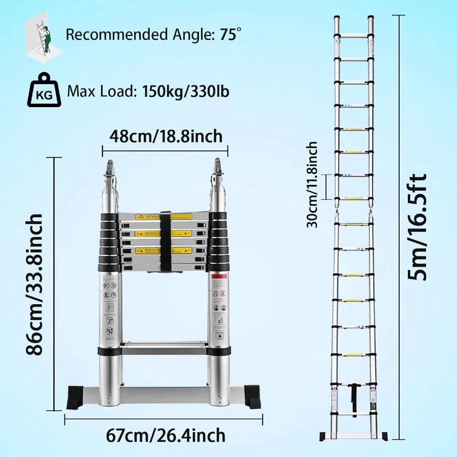 16.5FT 5M الألومنيوم تصغير سلم تمديد 2in1 للطي AFrame أو سلم مستقيم مع مفصلات قضيب استقرار قفل أمان E #3