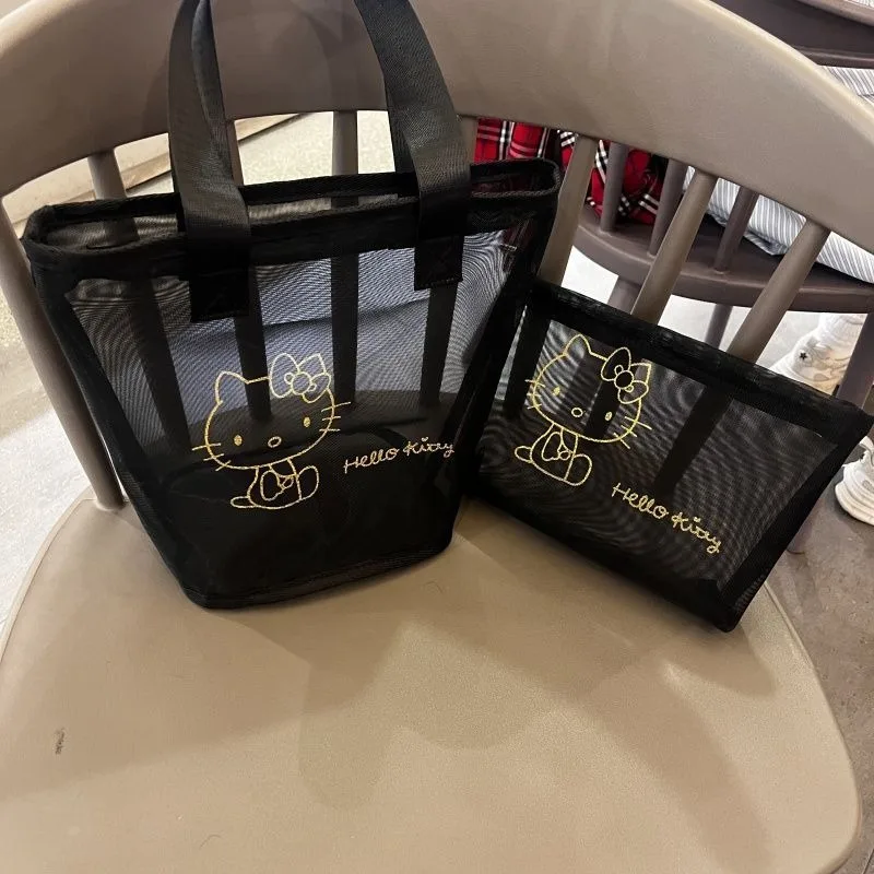 

Hello Kitty Bag Cartoon Black Handbag Breathable Mesh Storage Large Capacity Makeup Toilet Bag Cute Women Accessories Wholesale