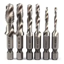 6pcs M3-M10 Screw Tap Drill Bits Hss Taps Countersink Deburr Set Metric Combination Bit High Speed Steel 1/4 IN Quick Change