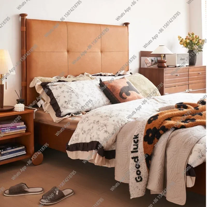 

N49 J Кровать из массива дерева в средневековом стиле, Кровать из воловьей кожи первого слоя, главная и вторая спальня, двуспальная американская кровать, ретро-стиль, 1,8 м P