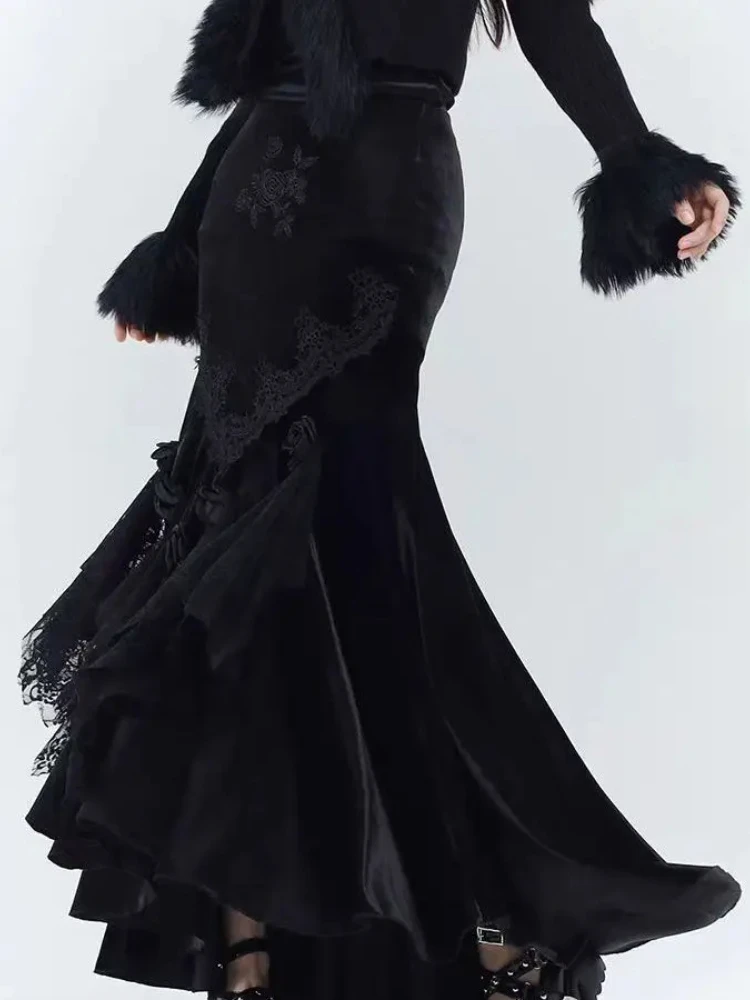 

Black Velvet Skrits Women Slim Bodycon Spring Vintage Skirts Office Lady Gothic Harajuku Pure Color Clothing Outwear Chic