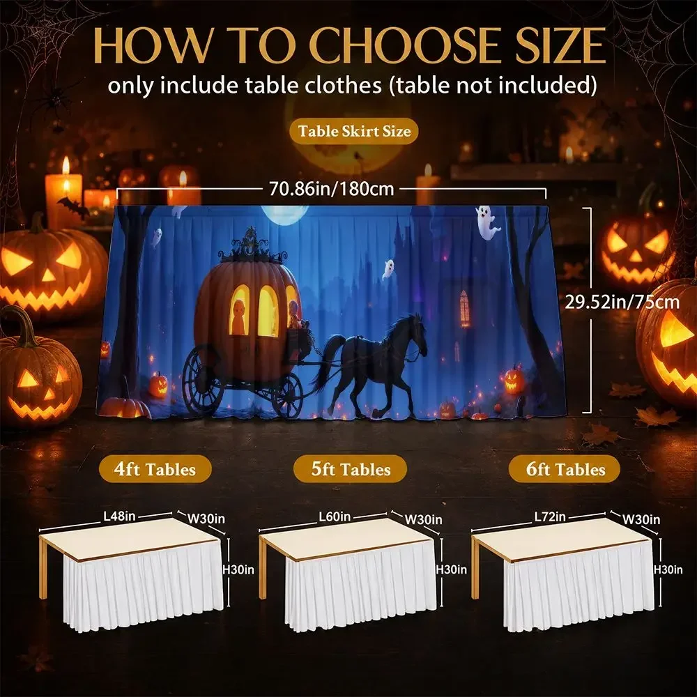 One Halloween party table skirt with 2D flat design featuring a Halloween pumpkin carriage, ghost and moon patterns.