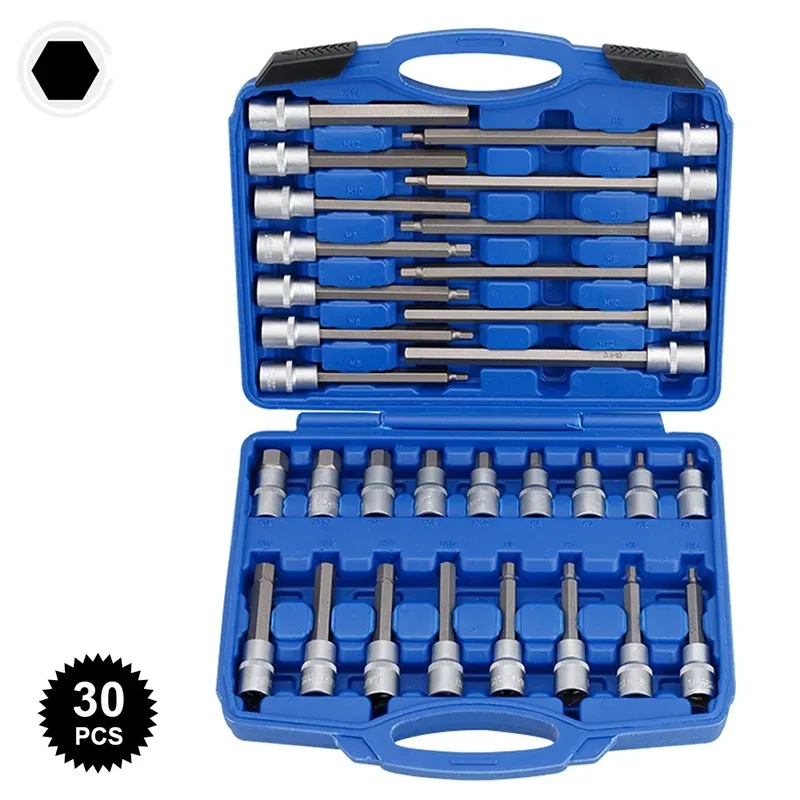 Juego de manguitos de enchufe extendido, 26/30/32 Uds., juego de manguitos de broca de presión, cabezal de llave, Kit combinado de enchufe Torx externo, herramienta de mano