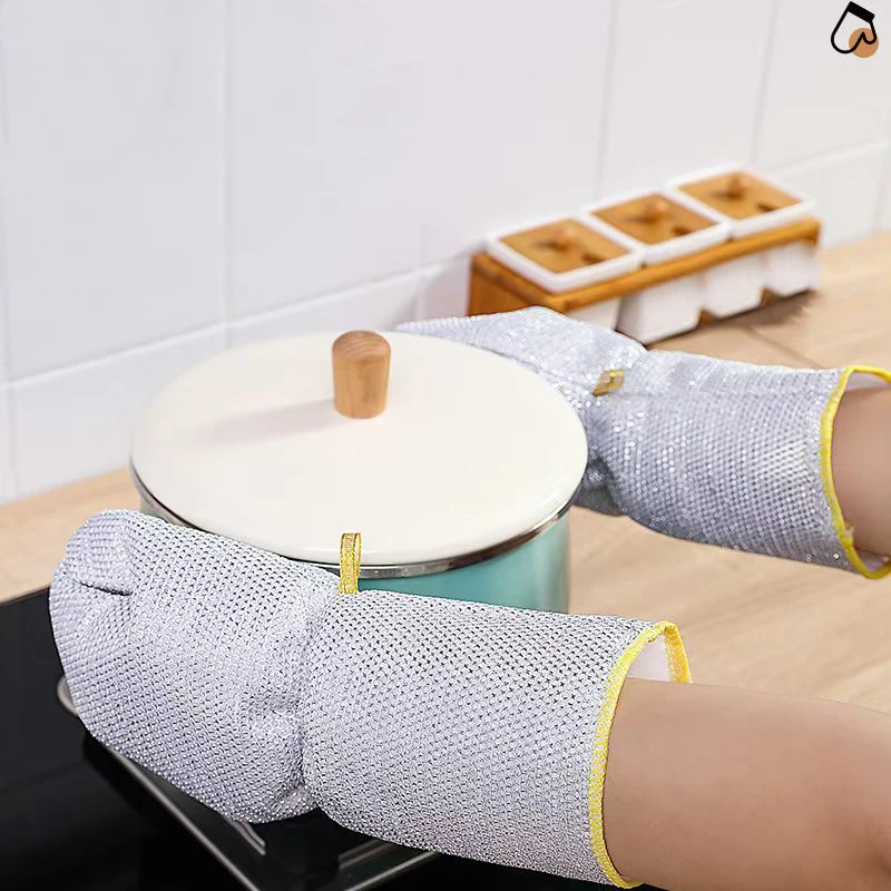 Guanti per lavare i piatti allungati Filo d'argento antiaderente Strumento per la pulizia dei lavori domestici Guanti da cucina in filo d'acciaio impermeabili a prova di olio