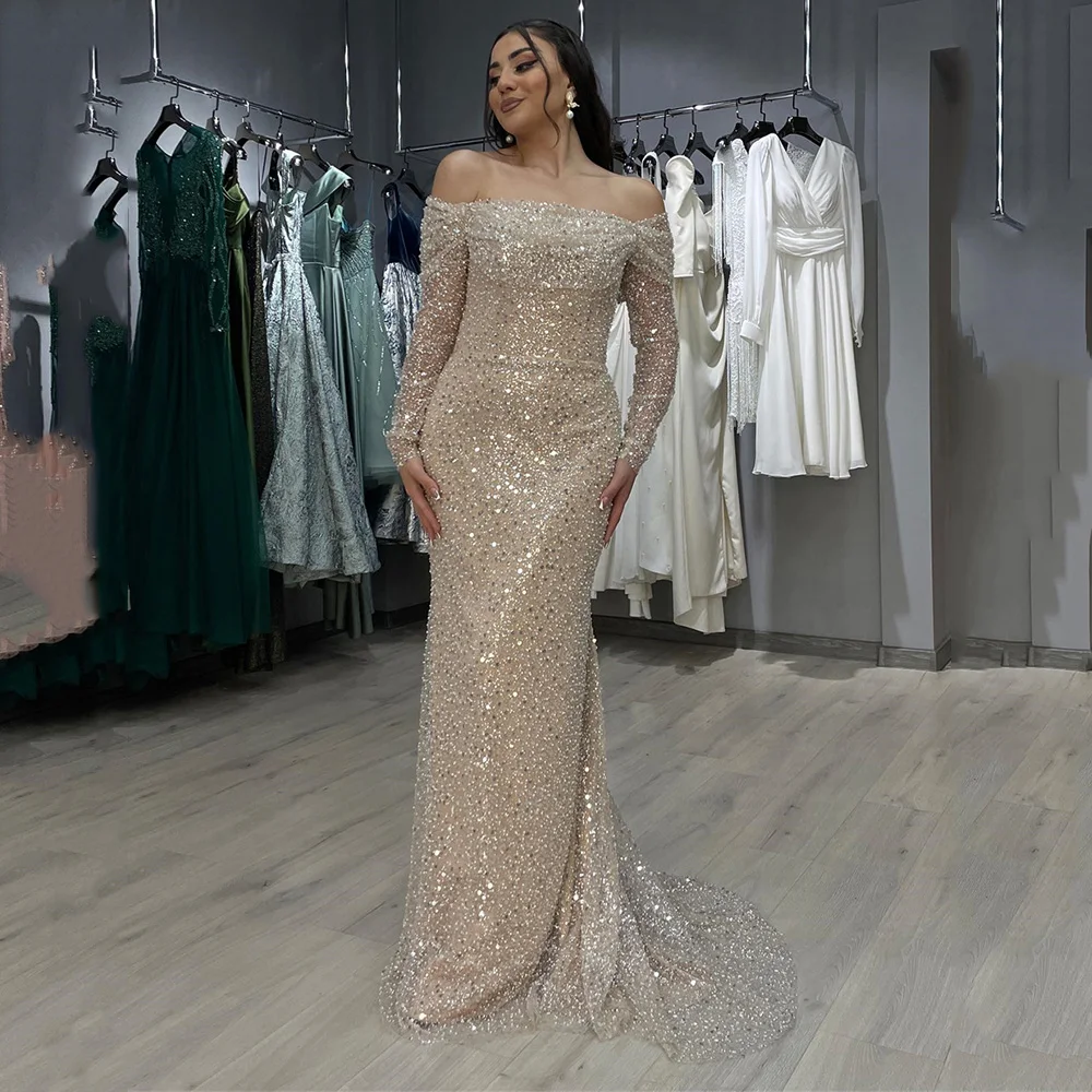 CustomizedBeads Sequins Pleat Prom Gown Off Shoulder Long Sleeve Illusion Sheath Boat Neck Evening Party Dresses فساتين مناسبة ر