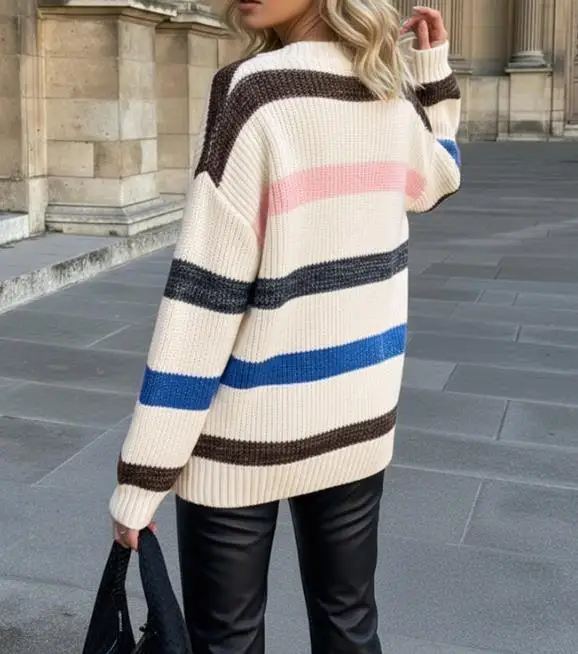 

Women's Sweater 2025 Spring Autumn New Loose and Lazy Style Striped Contrasting V-Neck Long Sleeve Casual Pullover Sweater