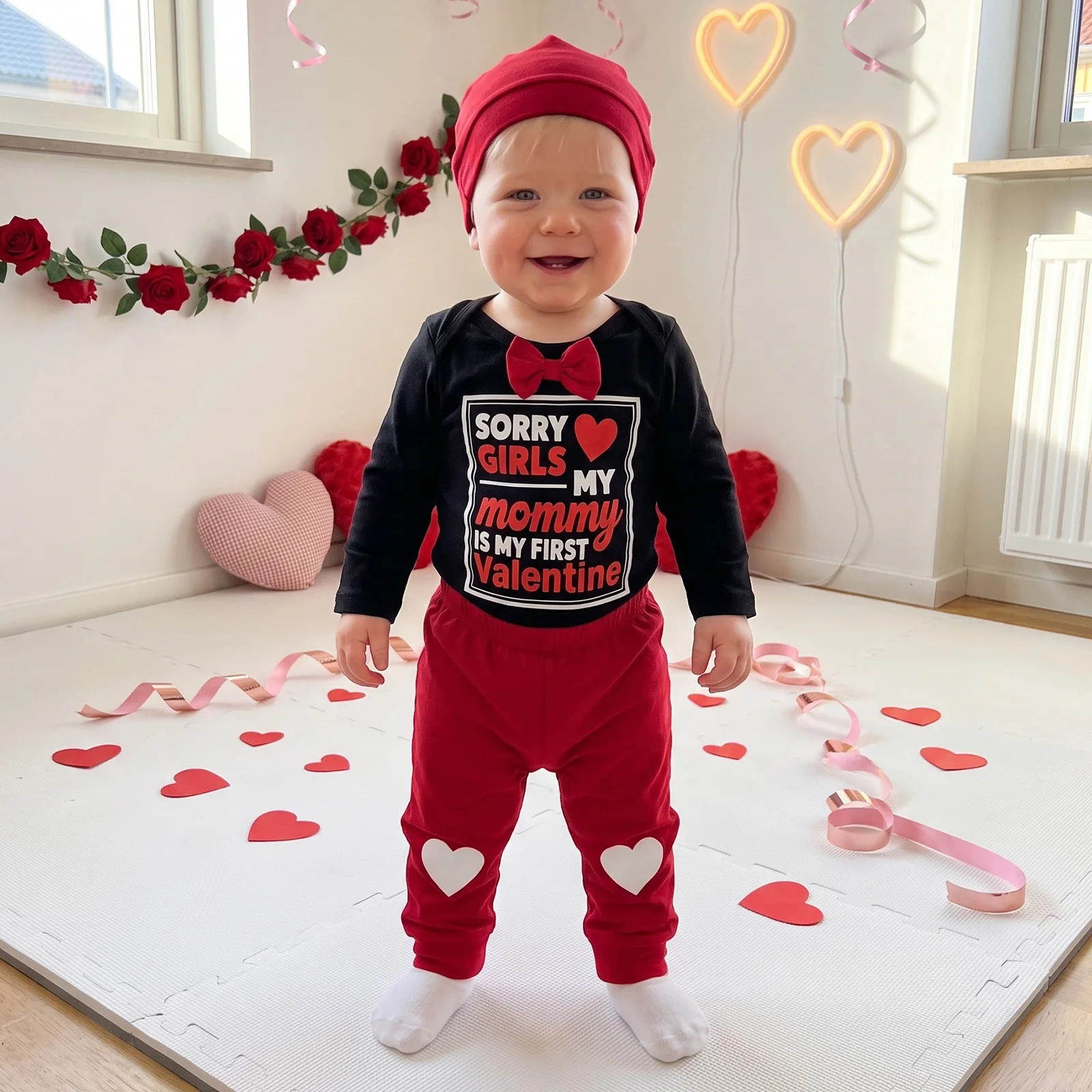 Baby Boy Valentine s Day Outfits Letter Print Romper Long Pants Hat Set