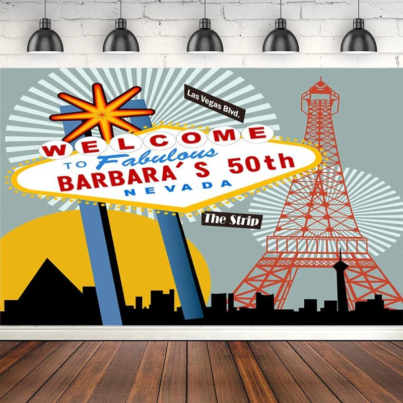 Photography Backdrop Las Vegas Happy 50th Birthday Theme  Party Poster Supplies Photo Shoot Background Banner Night City Props