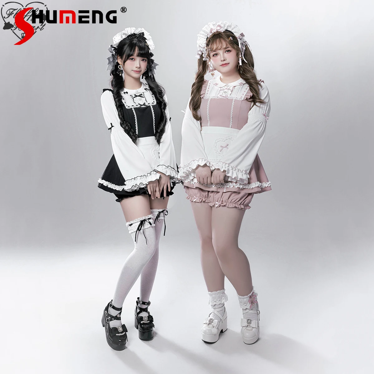 

Fluffy Heart Original Japanese Style Maid Kawaii Outfit Doll Collar Bow Flare Sleeves Pumpkin Shorts Apron Three-Piece Set Women