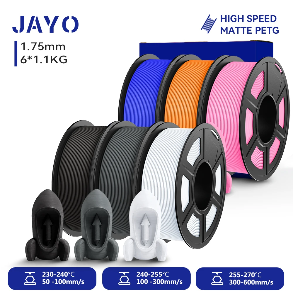 JAYO PETG 3D-Filament 1,75MM Hochgeschwindigkeits-Mattes PETG 3D-Drucker-Filament 6 Rollen High-Flow Speedy Matte Effekt 3D-Druckmaterialien