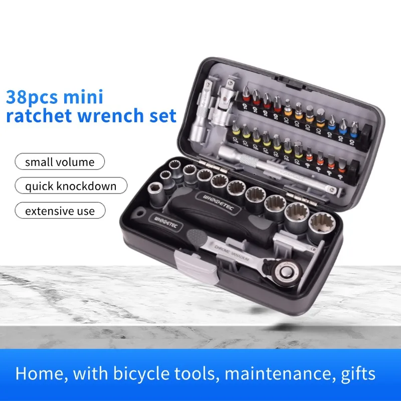 WISRETEC Industrial Grade 38pcs Mini Ratchet Wrench Socket Batch Head Combination Hardware Tool Set