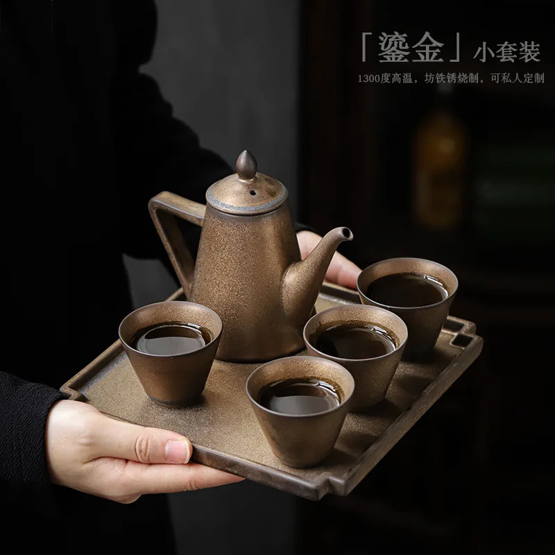

Jianying Vintage Ceramic Tea Set Household Japanese Style Kung Fu Tea Set Teapot Teacup Tea Tray Set Simple Wine Set