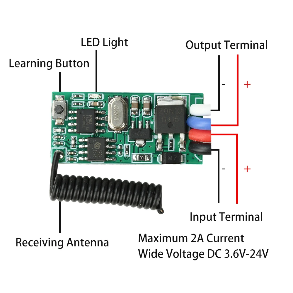 DC 3.6V-24V 2A Mini Wireless Remote Switch Receiver 433MHz for LED Light Access Control System Jog/Interlock/Delay Modes