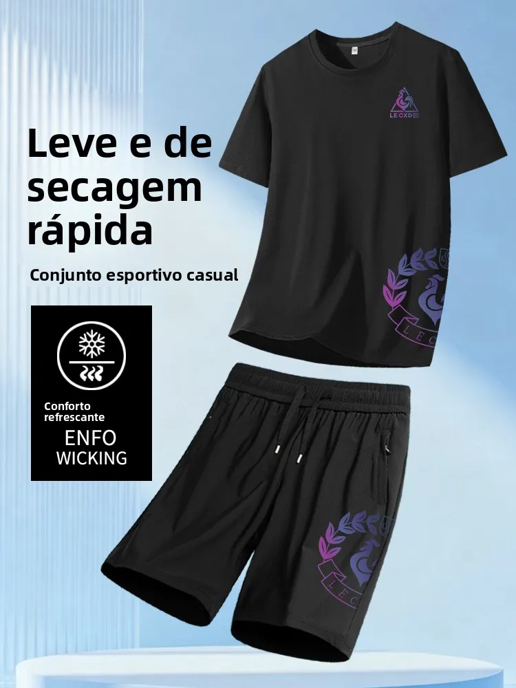 elegant-men's-ice-silk-quick-dry-short-sleeve-shorts-set-summer-new-style-casual-sportswear-knitted-fabric-nylon-spandex