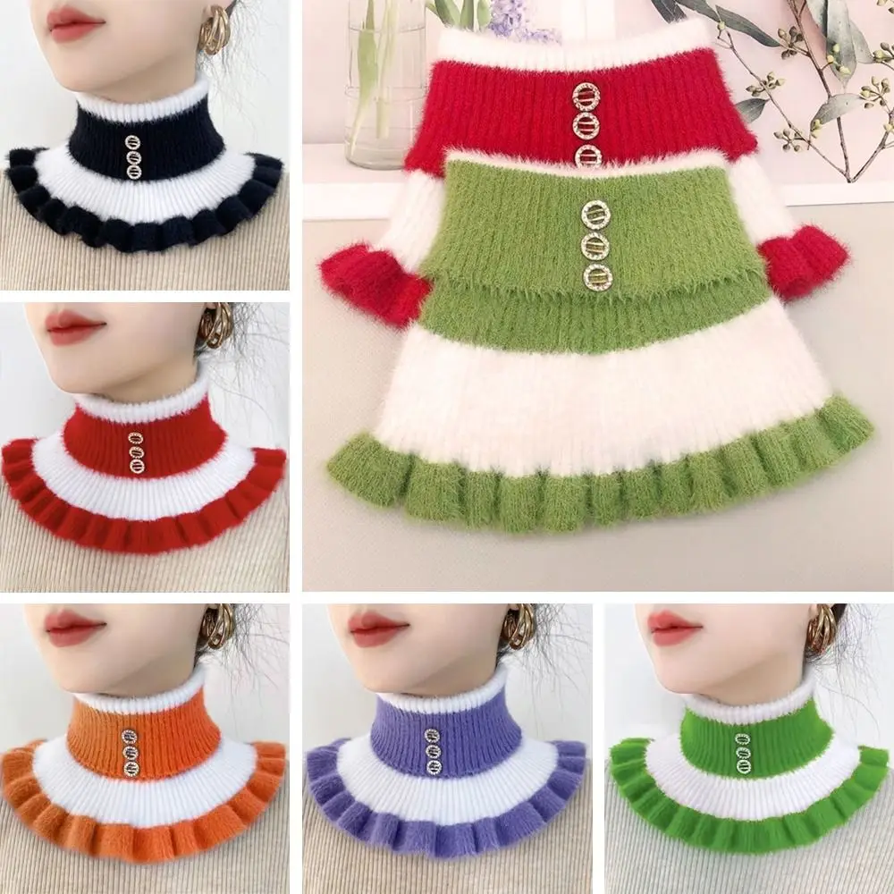 Wool Knit Pullover Stripe Diamond Thick Mink Fake Collar Neck Warmer Warm Scarve Neck Guard Scarf