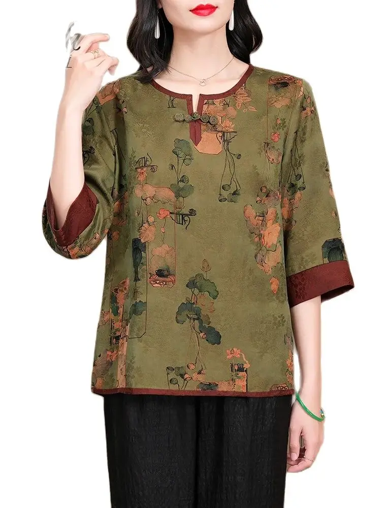 BirdTree 100%Real Silk Elegant XiangYunSha Shirt For Women, O Neck Vintage Printed, Temperament Blouse, 2024 Spring New T42306QC