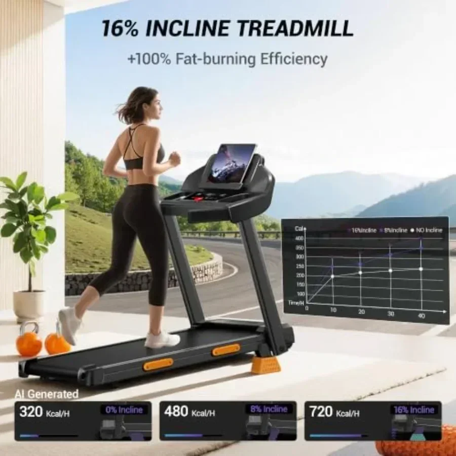 Home use treadmill with 16 incline, steel frame, black finish, triple LED display for speed/incline/time