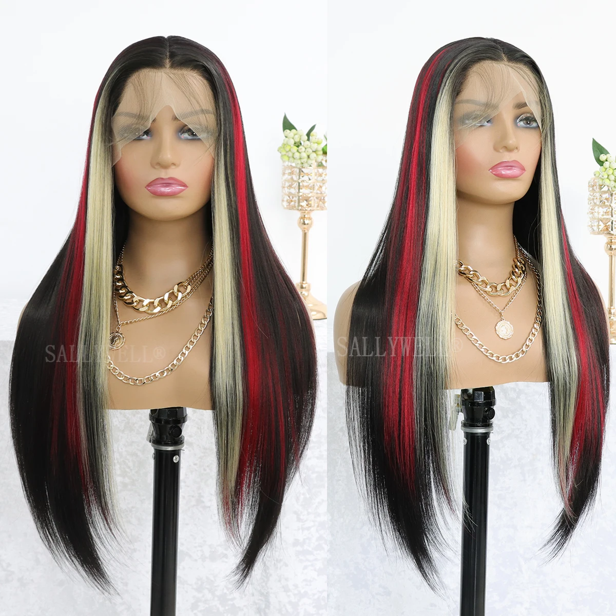 Highlight Black Red Yellow Straight Lace Front Wig Synthetic Hair for Women Glueless Lace Frontal Wig Pre Plucked Mixed ColorWig