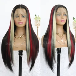 Peluca Frontal de encaje liso para mujer, pelo sintético sin pegamento, prearrancado, color mezclado, negro, rojo, amarillo