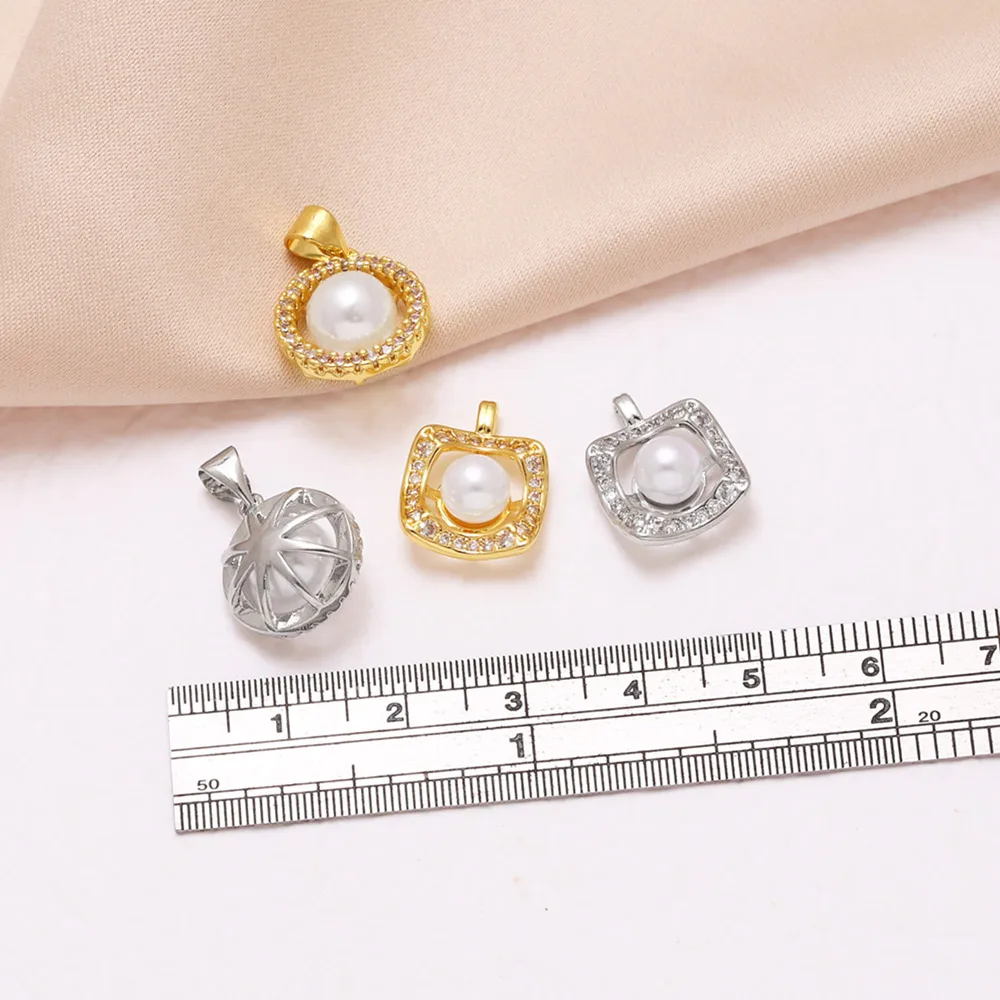 OCESRIO White Crystal Faux Pearl Round Charm for Bracelet Copper Gold Plated Rectangle Handmade Jewelry Making Supplies chma567
