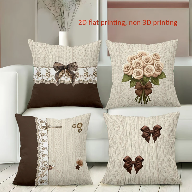 

Бежевые подушки с бантом и розой, декор с 2D принтом, полиэстеровая наволочка, декоративная подушка для дивана, подушка для изголовья