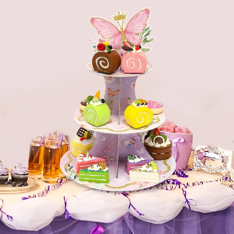 1 Set 3-stufiger Schmetterlings-Cupcake-Kuchenständer für Hochzeit, Geburtstag, Party-Dekorationen, Cupcake-Halter aus Pappe, Cupcake-Turm für Party – Detail 6