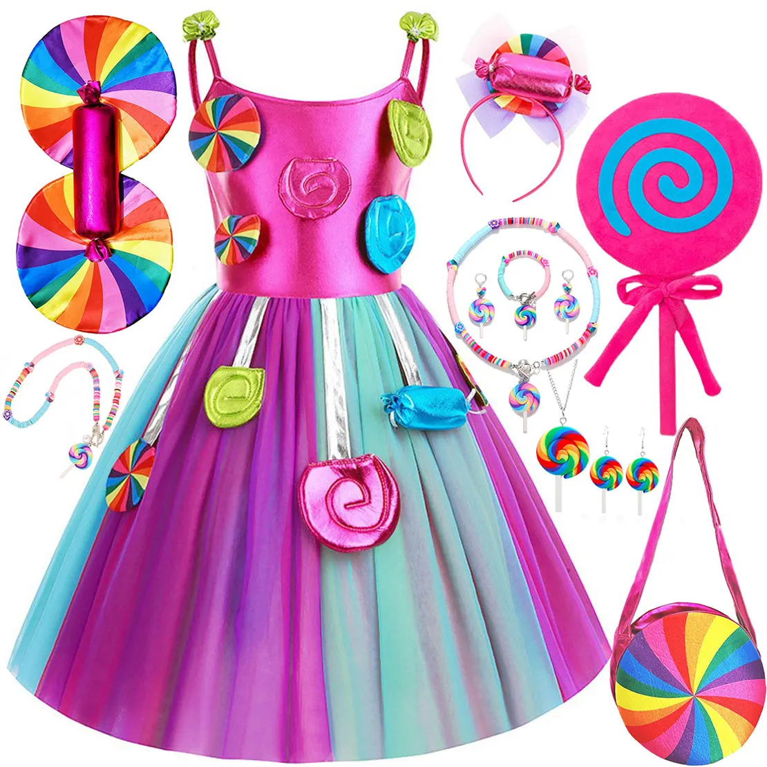 Purim Festival dress for girl Candy Lollipop Costume 2025 New Year Party Gift Suspender Rainbow Dress Lollipop Accessories