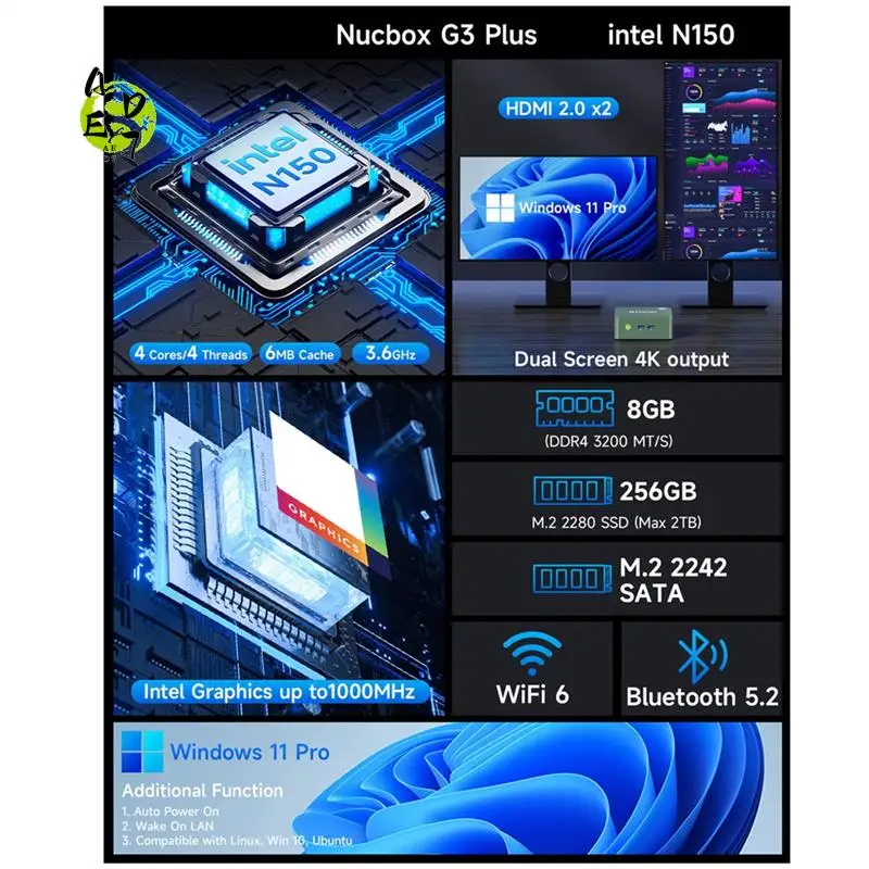 

AED7-Gmktec G3 Plus N150 Мини-ПК 4-ядерный 4-поточный DDR4 Nvme SSD WIFI6 BT5.2 Wins11pro Мини-ПК Офисный геймерский компьютер 8 + 256G