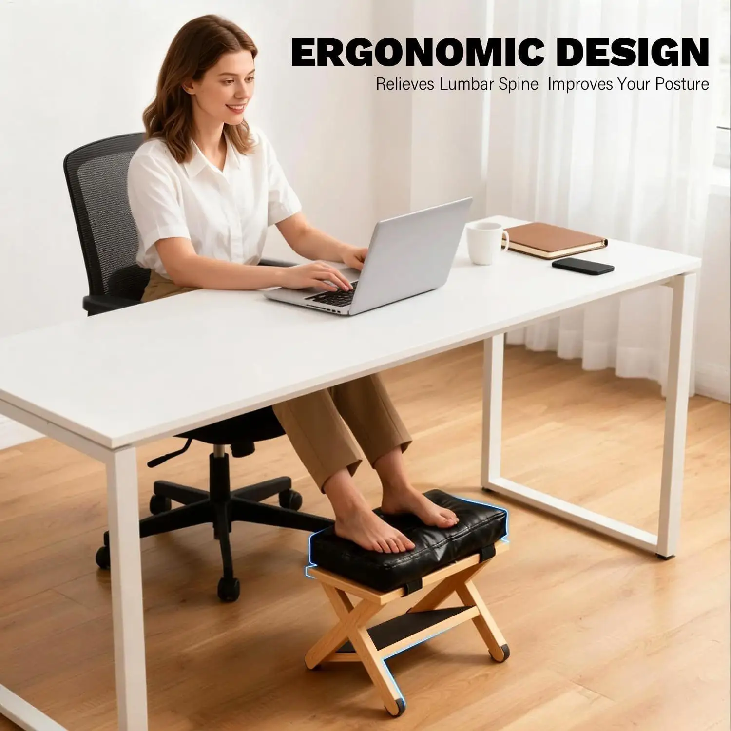 Under Desk Footrest Wooden Double Layer Non Slip Ergonomic Foot Rest for Office Home