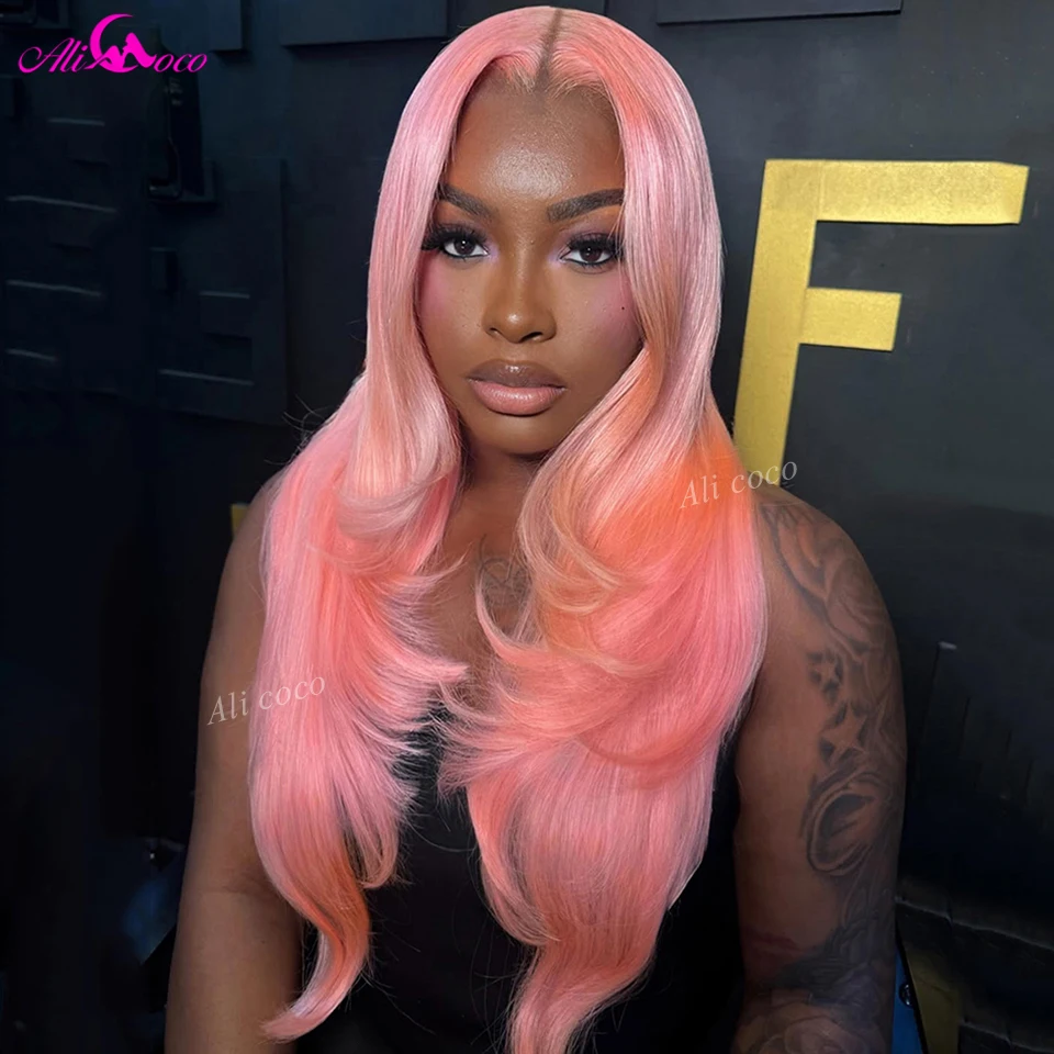 

Real Human Hair Peach Soft Pink 613 Colored Transparent Invisible HD Lace Front Wig 13X6 180 Density Body Wave Remy Pre Plucked