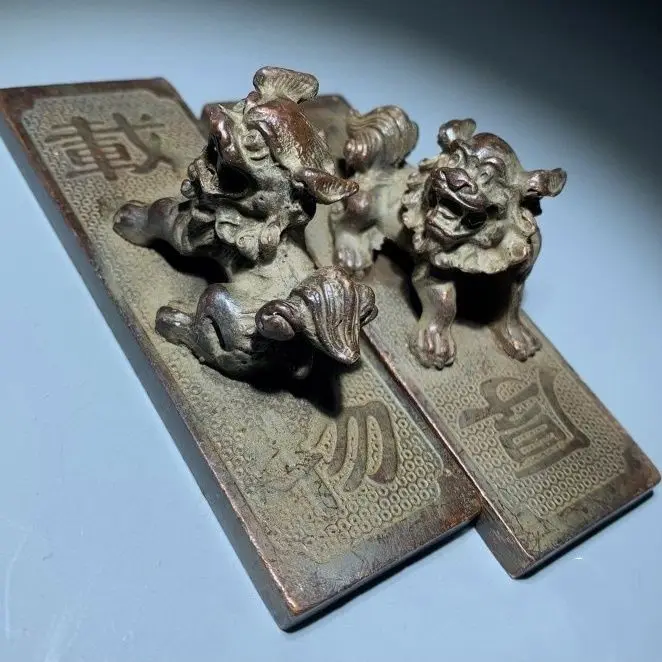 Antique Bronze Double Lion Paper Weight Ruler, Pair Copper