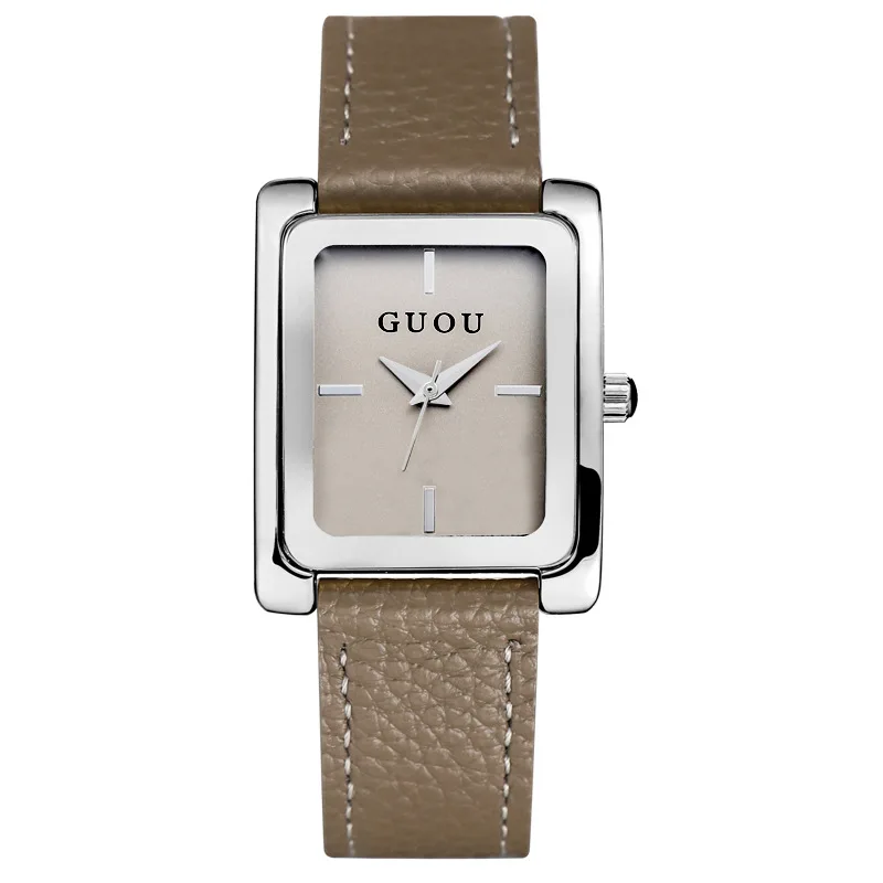 Nuevo reloj de lujo, rectangular, dorado, diseño simple pero sofisticado, correa de cuero, reloj de mujer informal y moderno.