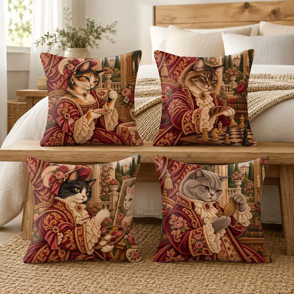 Renaissance Cat Portrait Cushion Cover Soft Short Plush Pillow Cases Hidden Zipper Cutecore Sofa Bedroom Home Decor Gift