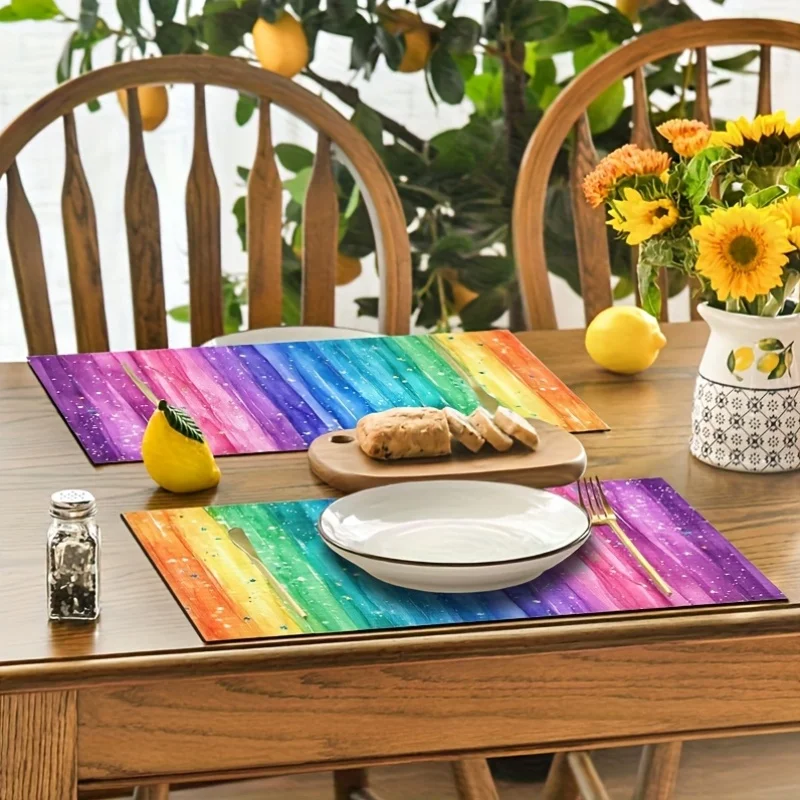 4pcs Vibrant Rainbow Watercolor Placemats Washable Table Mats Perfect for Holiday Parties And Home Decor Rectangular Shape