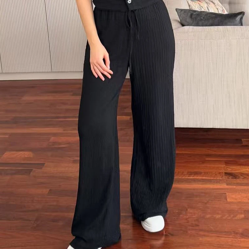 HXAO المرأة محكم السراويل الفضفاضة صيف 2025 أسود براون بنطلون الدانتيل متابعة عالية الخصر فضفاض مستقيم صالح بنطلون سراويل تقليدية