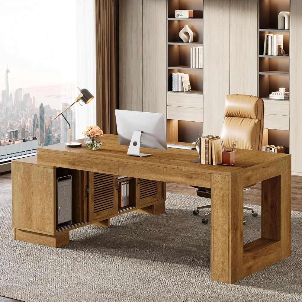 

L Shaped Executive Desk with Storage Cabinets and 2-Tier Shelf, 78-Inch Simple Modern Business Furniture Large Computer Table